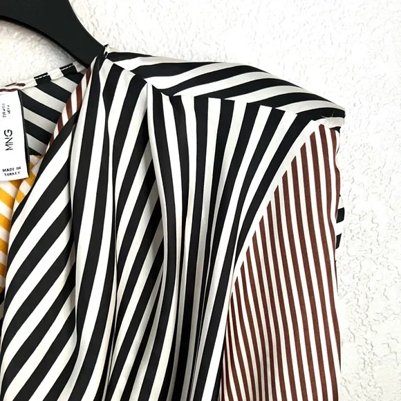MNG Mango Brown Yellow Black White Stripes Padded shoulder Casual Blouse Tops 6 - Picture 7 of 8
